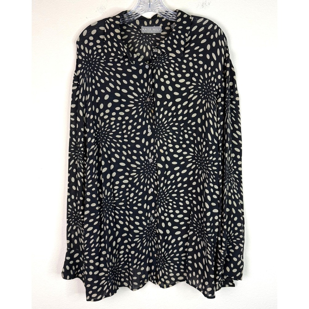 Kate Hill Button Up Blouse Women 22W Black Tan Silk Abstract Polka Dot Top